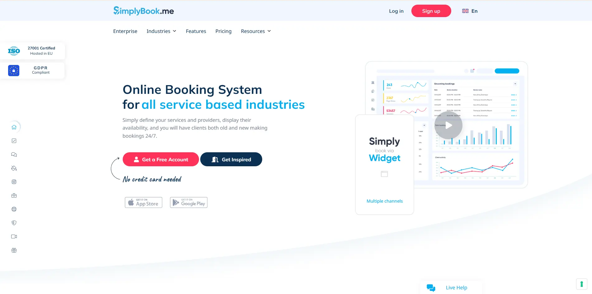SimplyBook.me homepage with headline, signup buttons, and a booking dashboard preview.