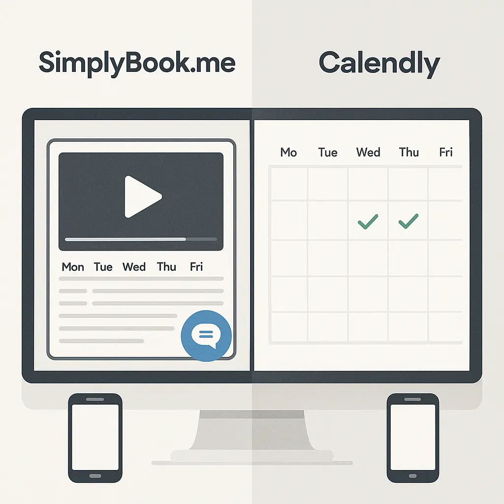 Split-screen graphic: SimplyBook.me’s video tutorial and chat icon on the left; Calendly’s calendar with checkmarks on the right.