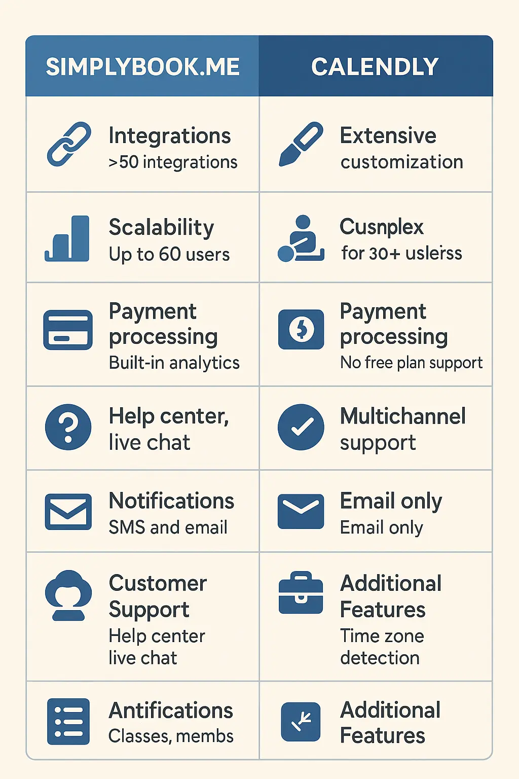 Програма ChatGPT сказала: Side-by-side feature table comparing SimplyBook.me and Calendly across integrations, scalability, payments, support, and notifications.