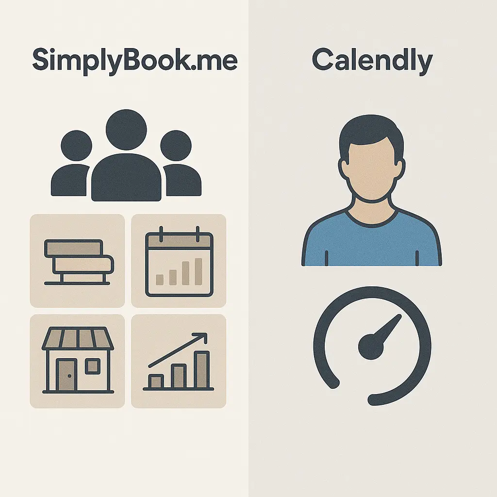 Split-screen graphic: SimplyBook.me side shows group and business icons; Calendly side shows a user avatar and a speedometer.