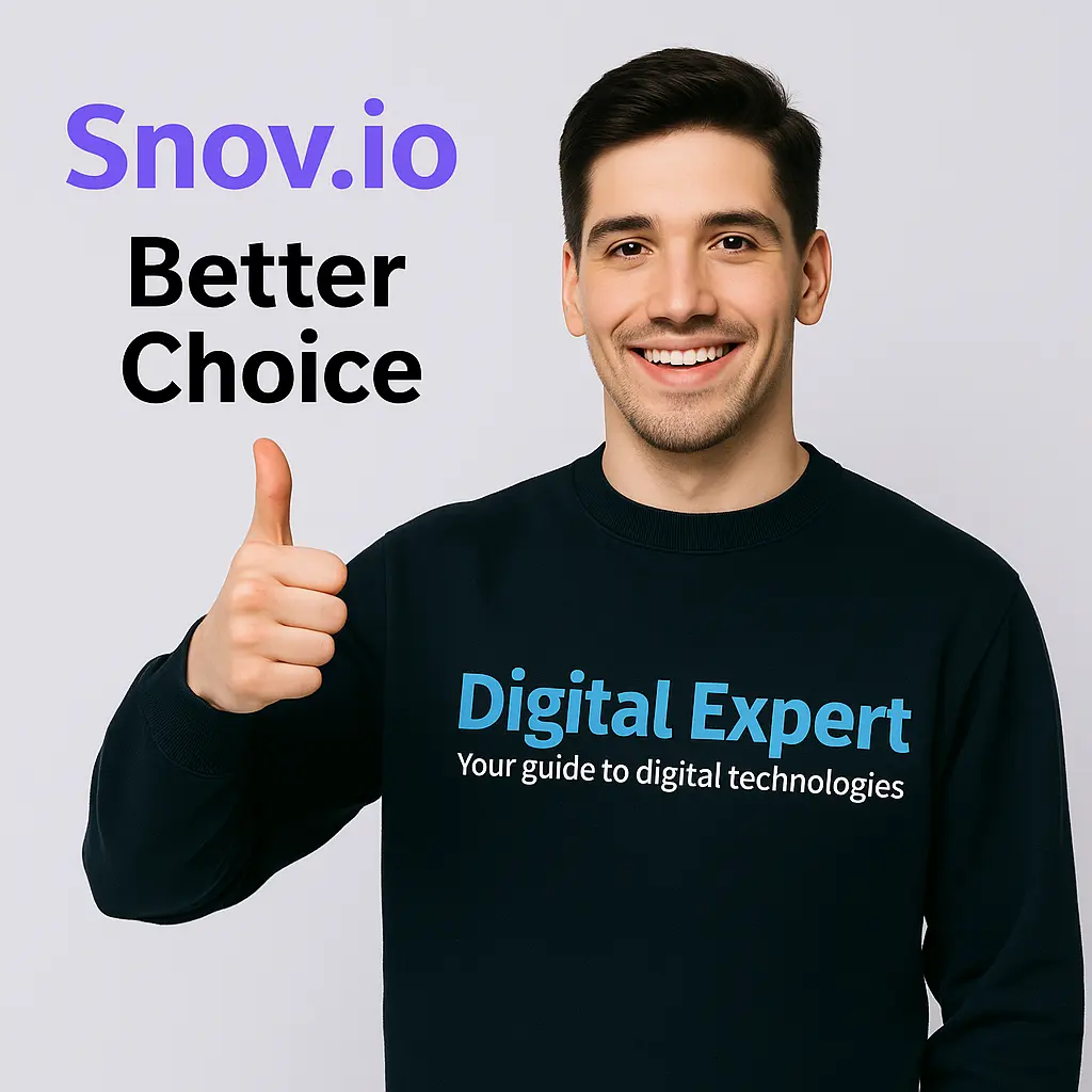 A smiling man in a “Digital Expert” sweatshirt giving a thumbs-up next to the text “Snov.io Better Choice,” suggesting endorsement of the platform.