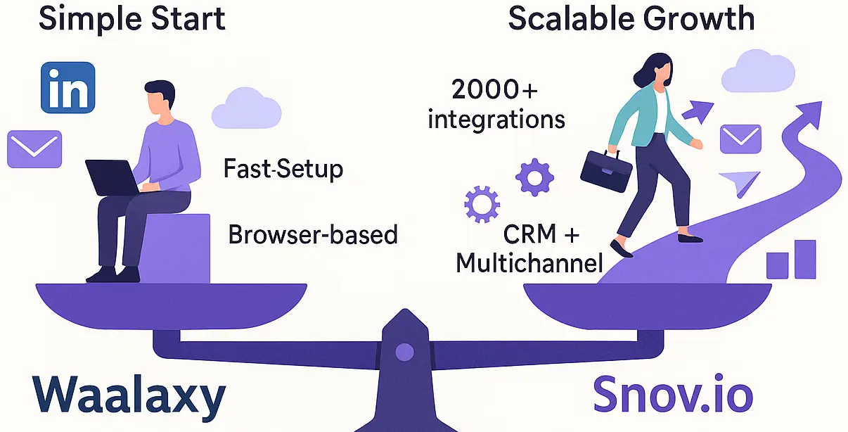 Infographic showing Waalaxy as simple and browser-based vs. Snov.io as scalable with multichannel features and 2000+ integrations.