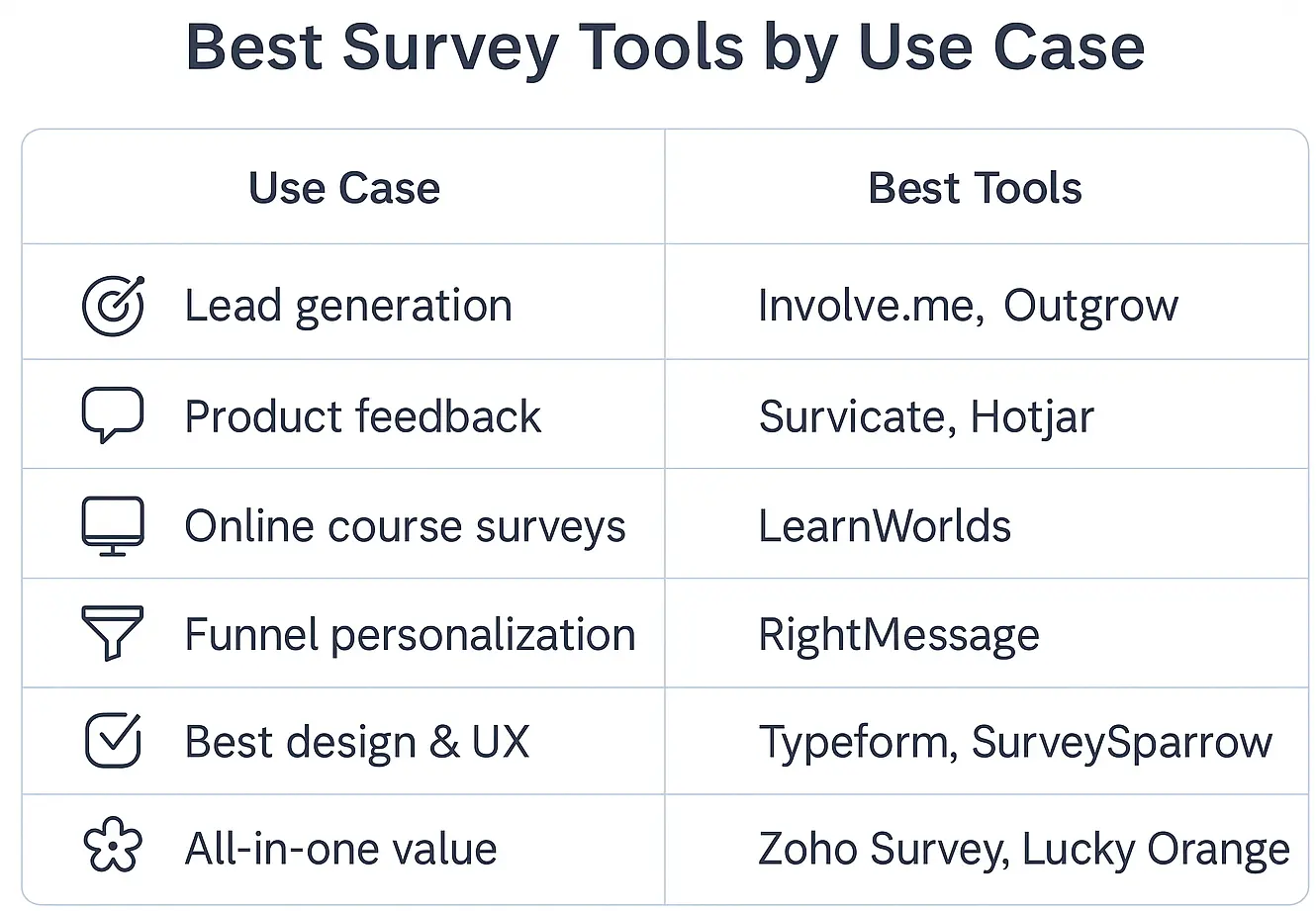 Visual chart matching online survey tools to use cases like lead generation, UX feedback, personalization, and educational surveys.