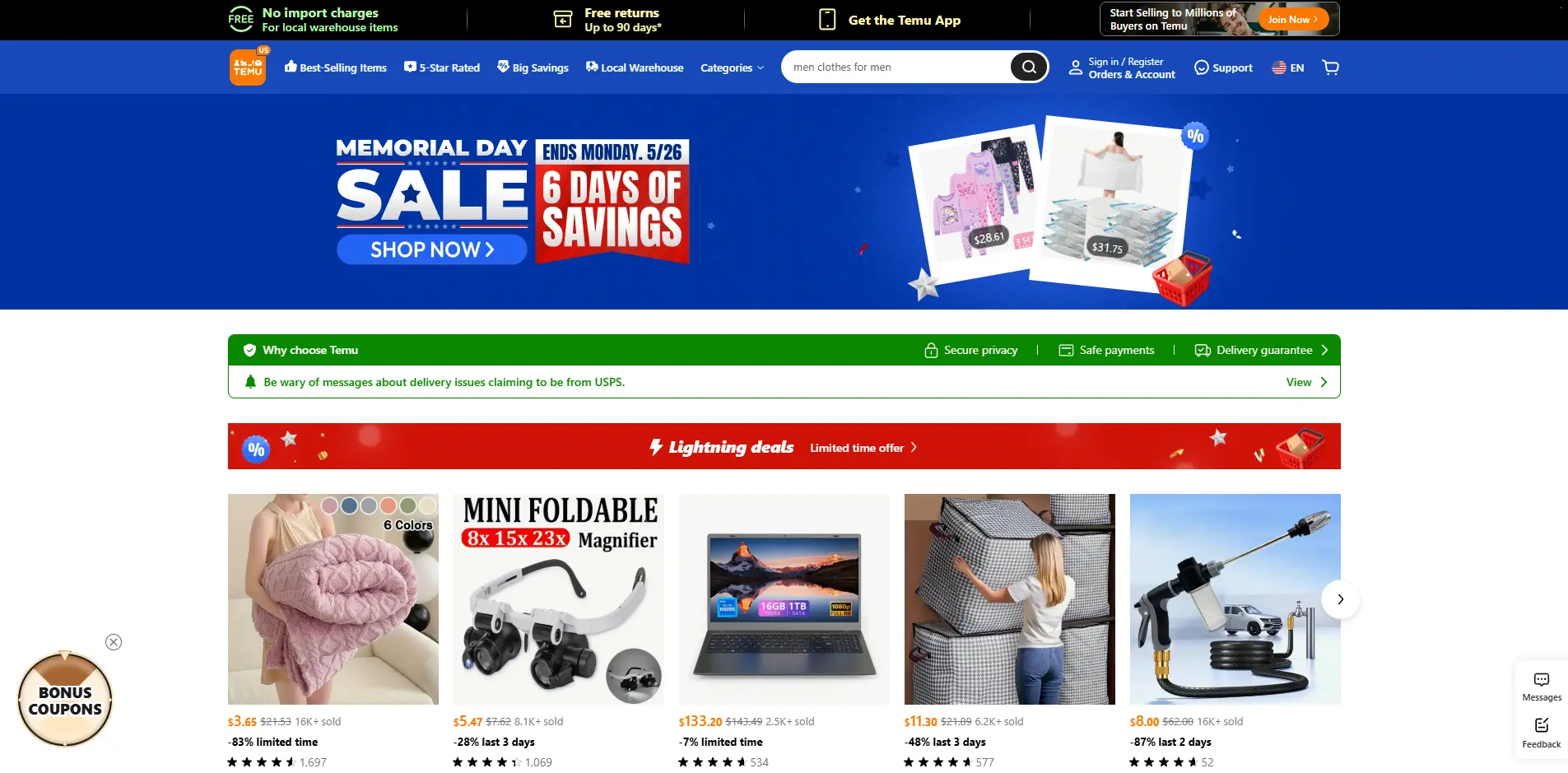 Temu homepage highlighting a Memorial Day sale banner and limited-time lightning deals, with discounted product listings shown below.