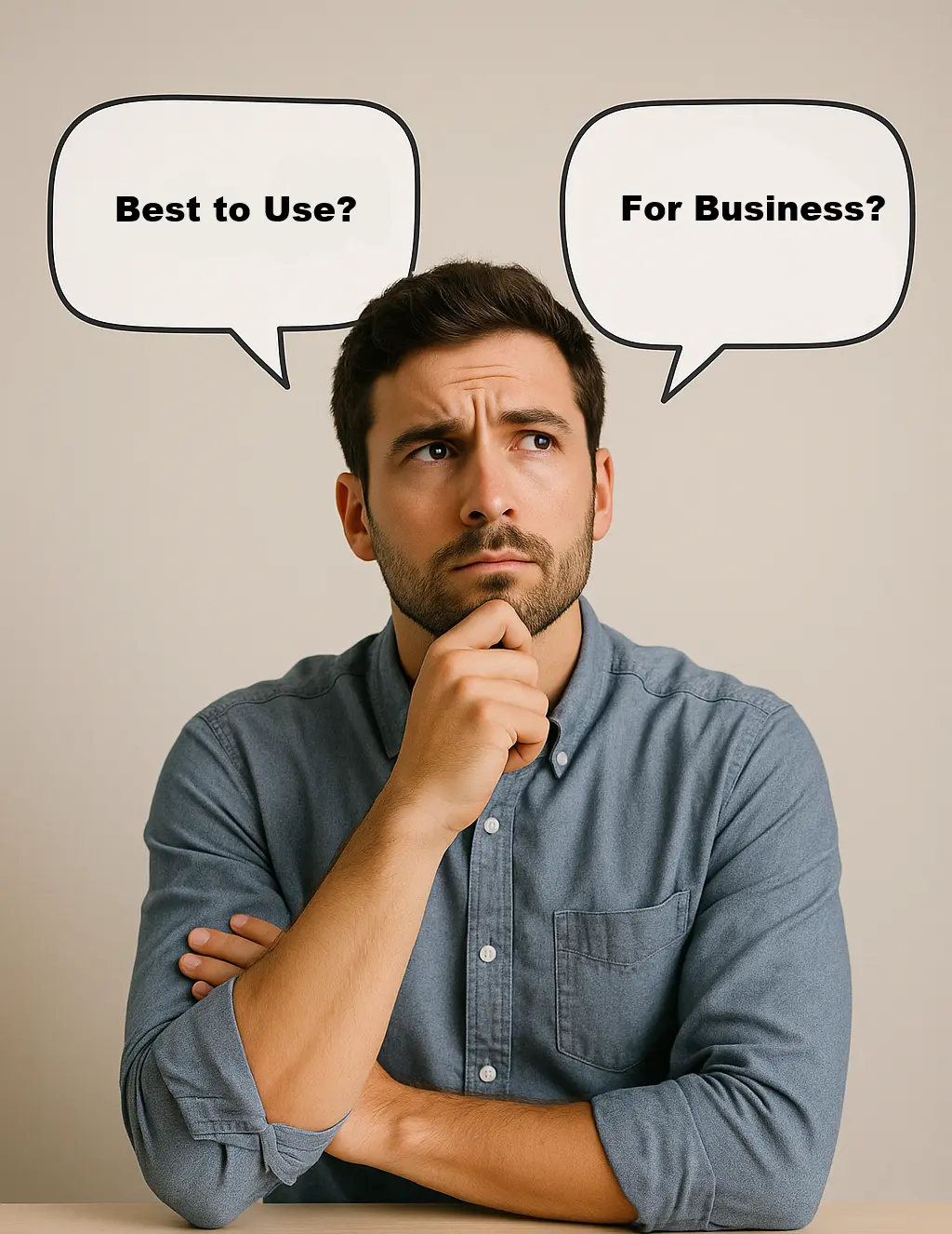 A thoughtful man rests his chin on his hand while comparing the MailerLite and Moosend logos overhead, contemplating which email marketing tool to choose.