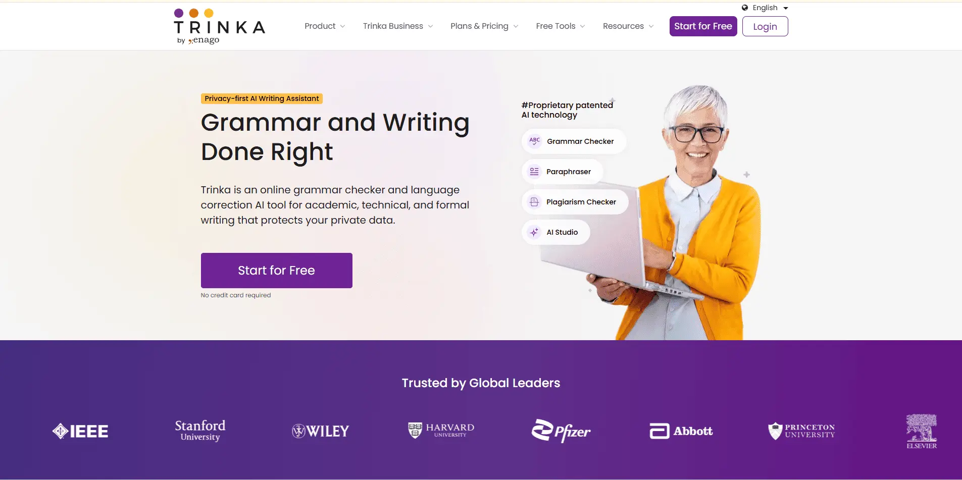 Trinka homepage showing its “Grammar and Writing Done Right” banner with a free trial button and icons for grammar, paraphrasing, and plagiarism checking.