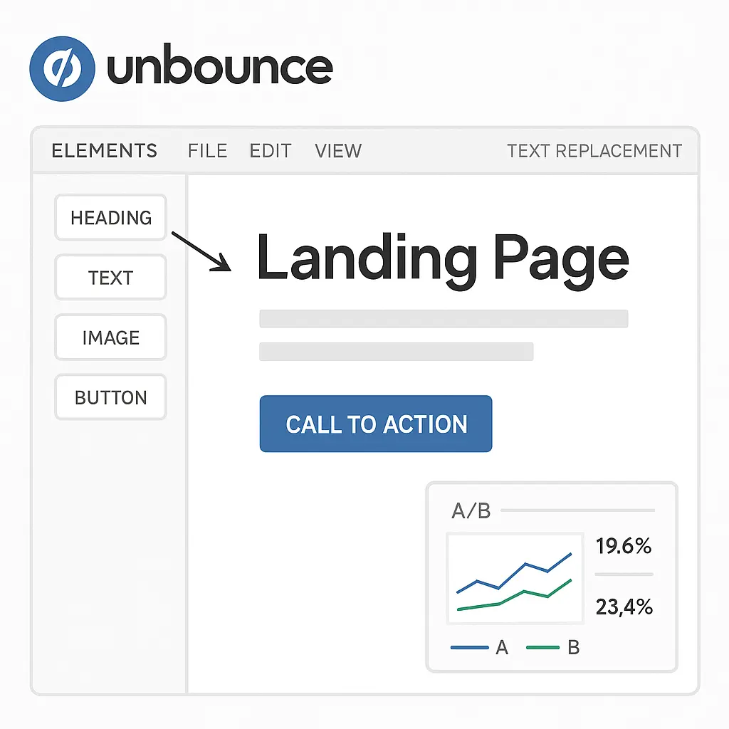Unbounce drag-and-drop editor with sidebar elements, a landing page preview featuring a CTA button, and a small A/B testing chart.