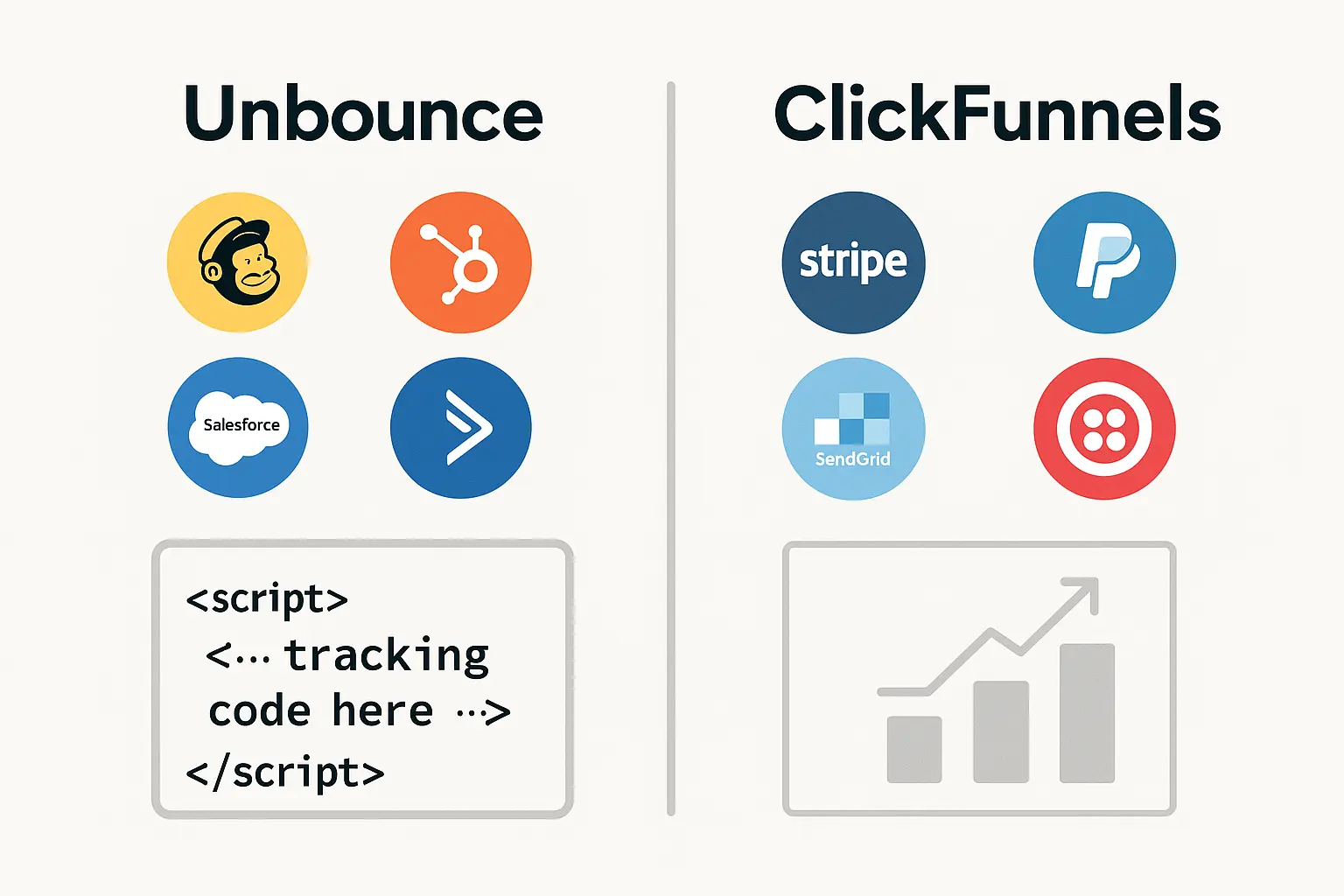 Split graphic: Unbounce integration icons and a tracking code box; ClickFunnels payment icons and an analytics chart.