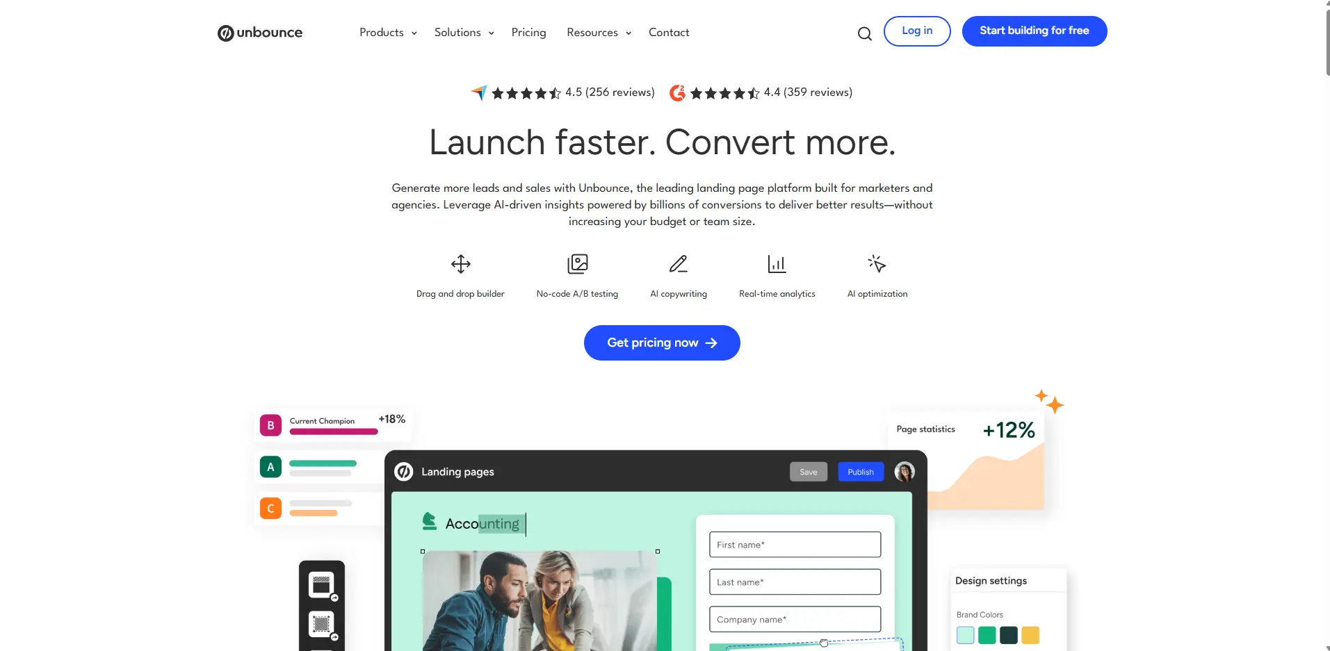 Hero section of the Unbounce homepage featuring the headline “Launch faster. Convert more.,” star ratings, feature icons, a “Get pricing now” CTA, and a preview of the landing page builder with conversion metrics.