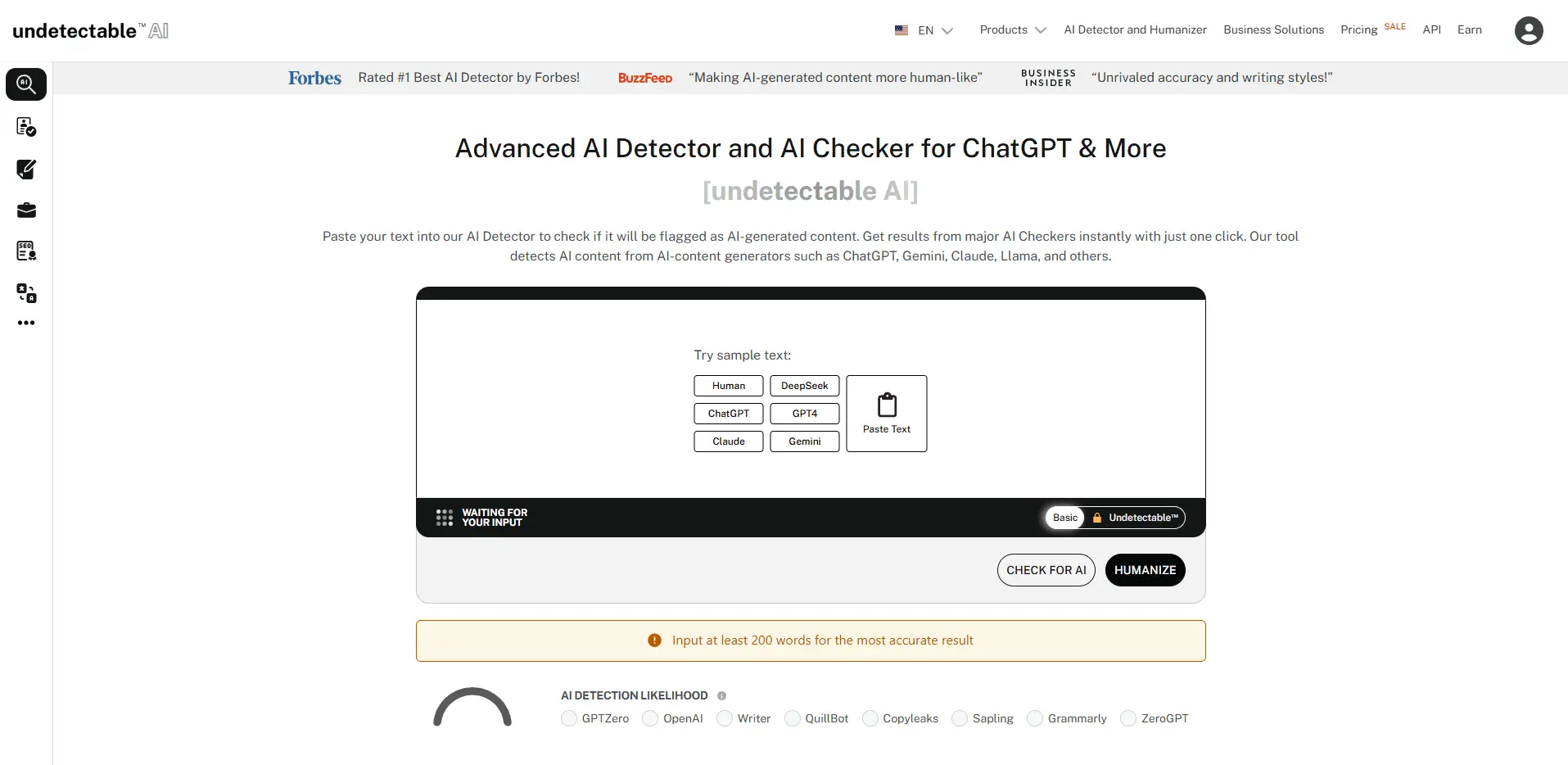 Undetectable.ai homepage showcasing its AI detection tool with a text input box, real-time detection likelihood gauge, and “Humanize” button.