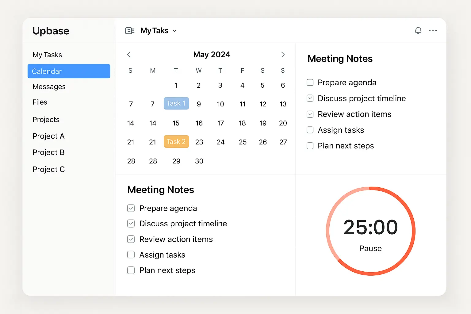 Upbase dashboard with project sidebar, task calendar, open note with checklist, and Pomodoro timer visible.