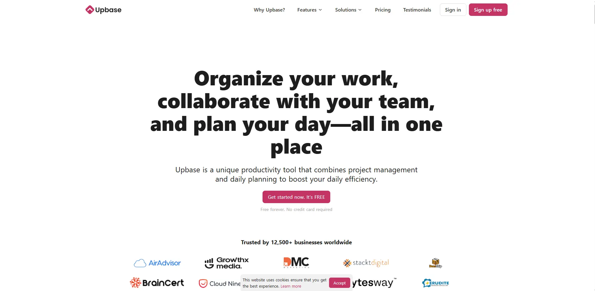 Upbase homepage highlighting work organization, team collaboration, and planning features with a call-to-action button and partner logos.