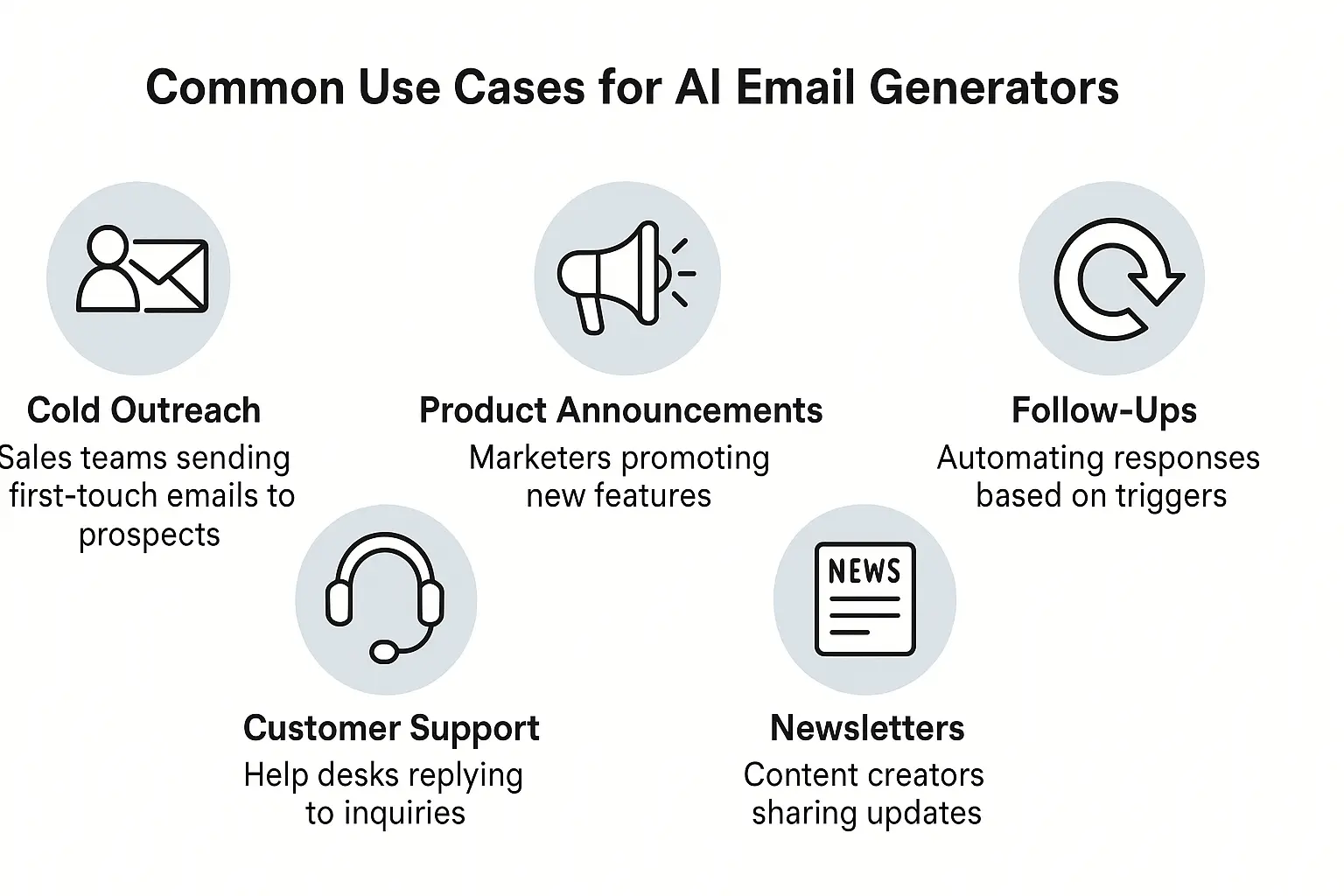 Infographic displaying five common use cases for AI email generators including cold outreach, product announcements, support, follow-ups, and newsletters.