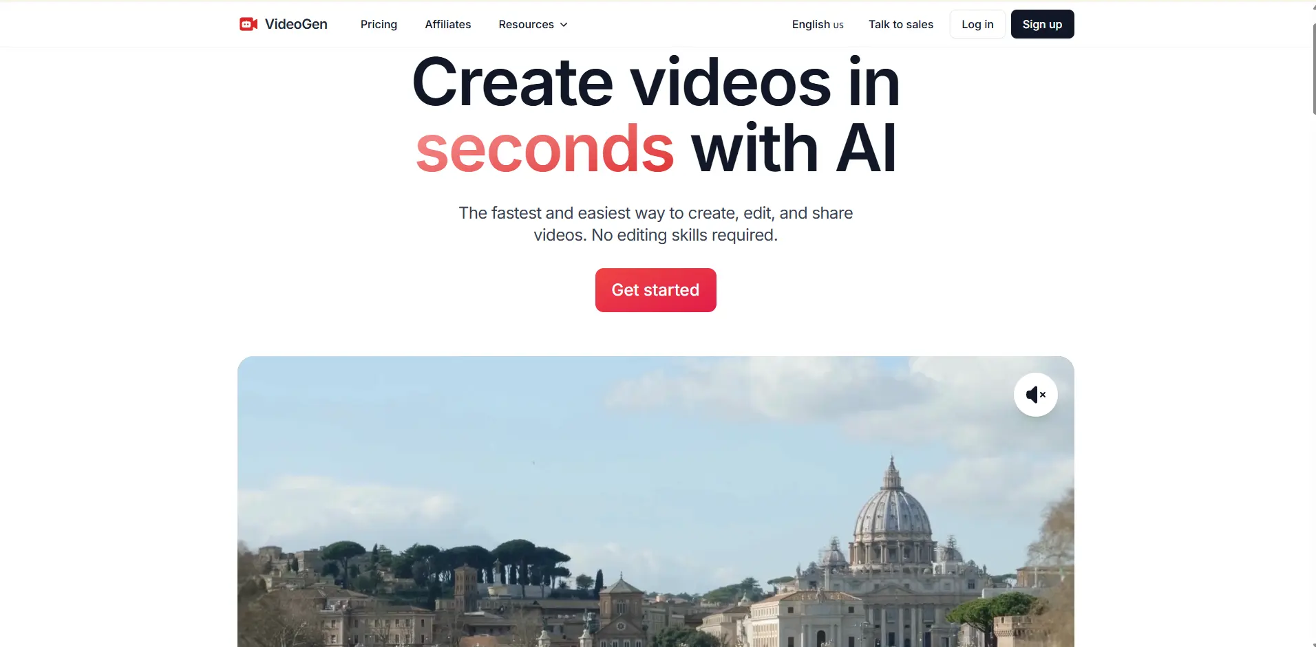 A clean AI video generator landing page with the headline “Create videos in seconds with AI” above a muted cityscape preview.