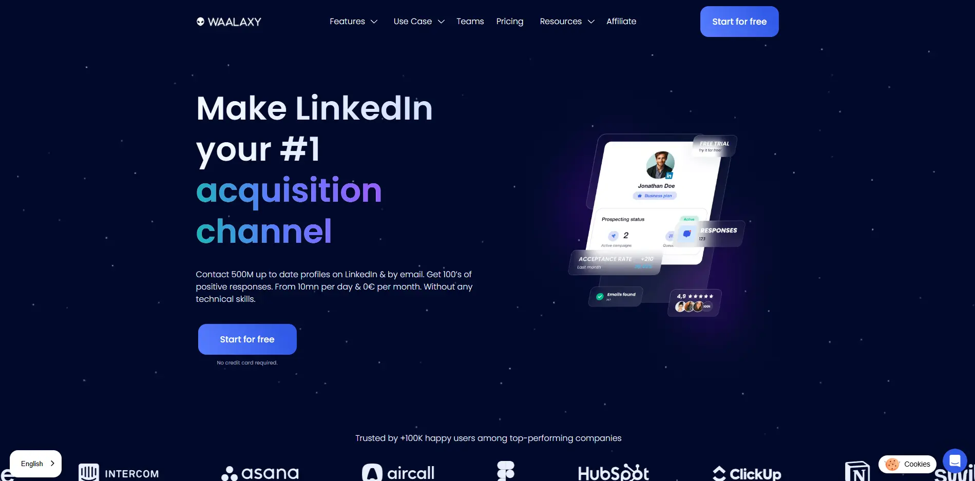 Waalaxy homepage screenshot with the tagline “Make LinkedIn your #1 acquisition channel” and a free trial button.