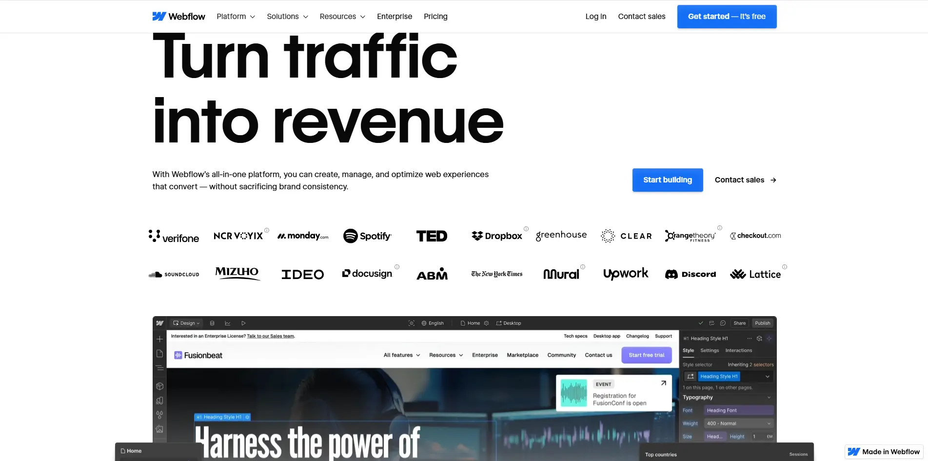 Screenshot of the Webflow homepage hero section featuring the headline “Turn traffic into revenue,” a row of client logos, and a preview of the visual site-builder interface.