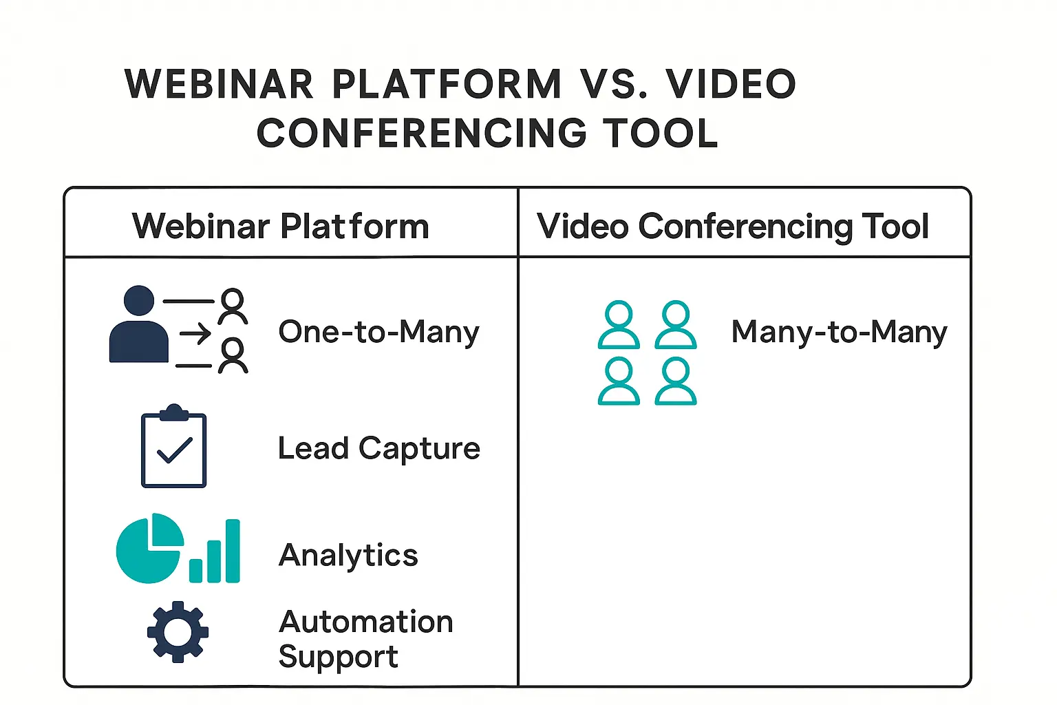 Comparison of webinar platforms vs. video conferencing tools: one-to-many, lead capture, analytics, automation vs. many-to-many only.