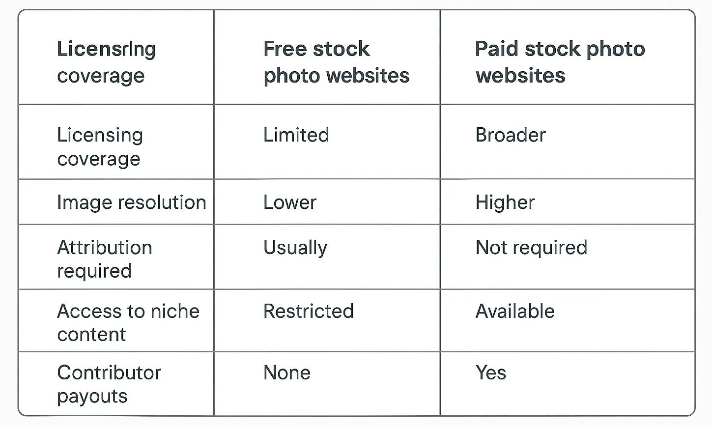 Comparison chart of free vs paid stock photo websites by licensing, resolution, and contributor support