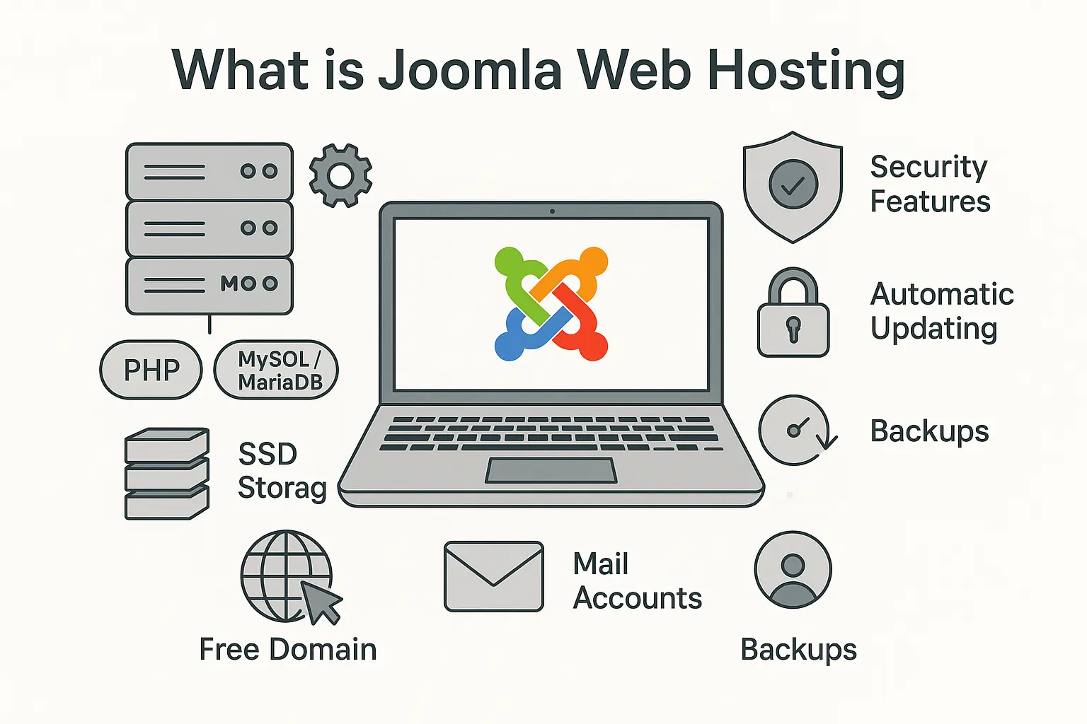 Visual of Joomla web hosting with laptop, server icons, and key features like PHP, MySQL, SSD, SSL, backups, and support.