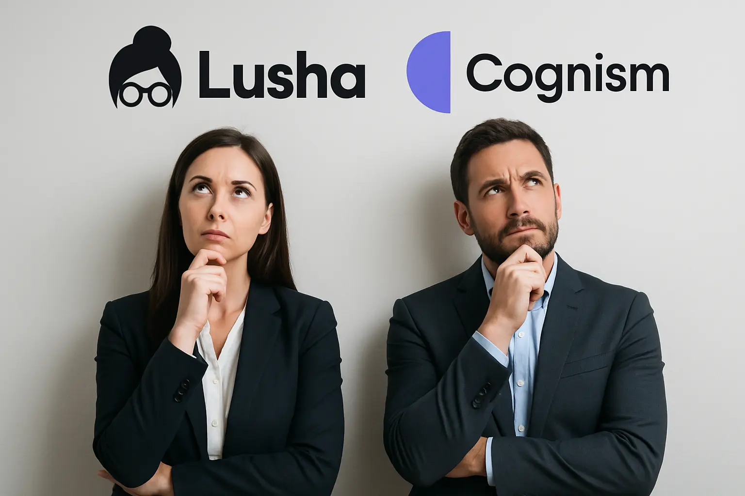 Two business professionals— a woman on the left under the Lusha logo and a man on the right under the Cognism logo—stand side by side against a neutral background, each with a hand on their chin and a thoughtful expression.