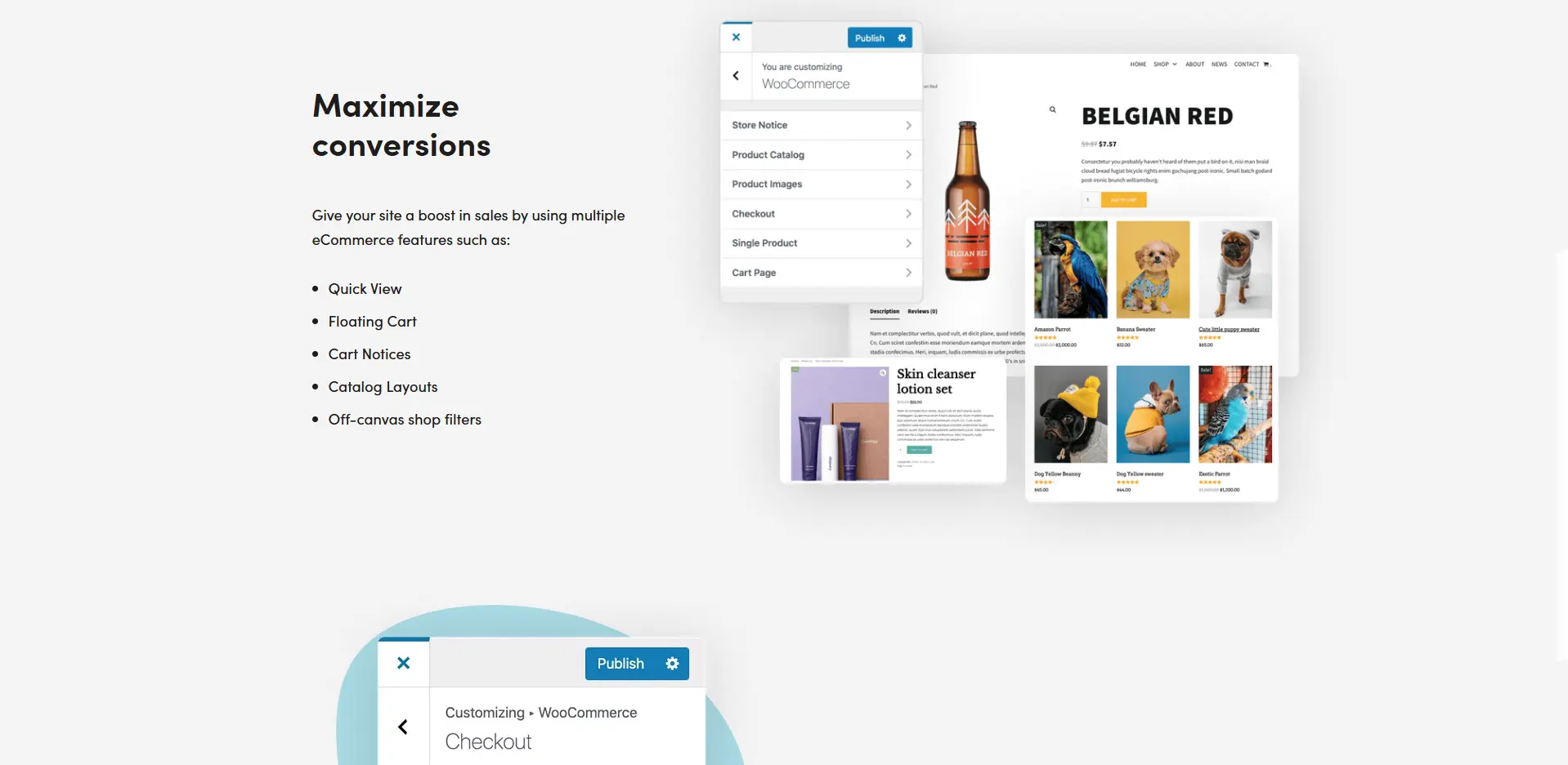 Neve theme WooCommerce settings with product layout and example store preview.