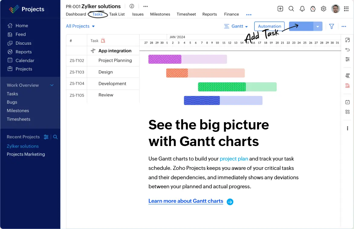 Zoho Notebook with colorful note cards on the left and Zoho Projects with a task list or Gantt chart on the right—showing note-taking and task planning side by side.