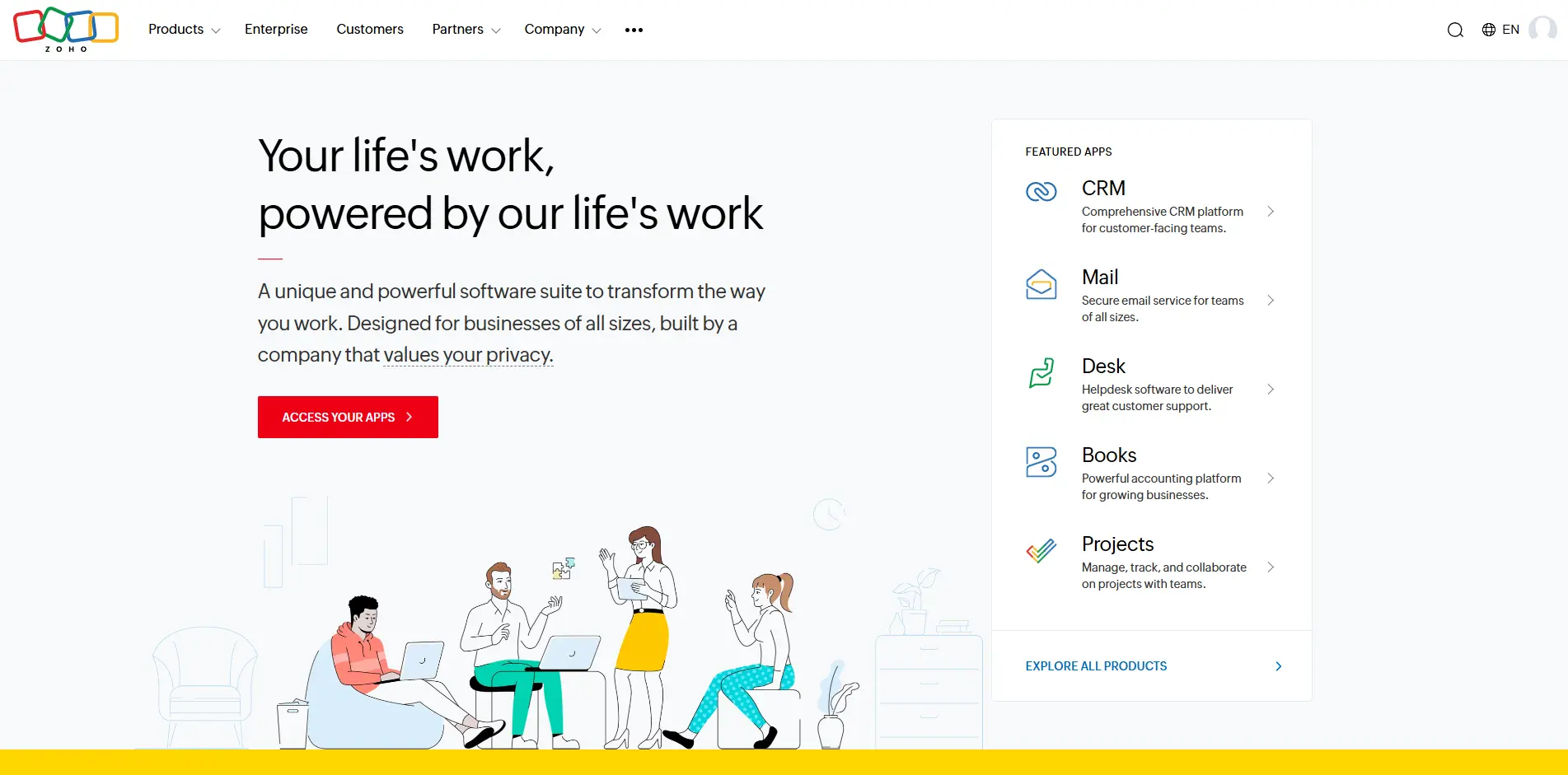 Zoho homepage highlighting business tools with team illustration, headline, and featured apps like CRM, Mail, and Projects.