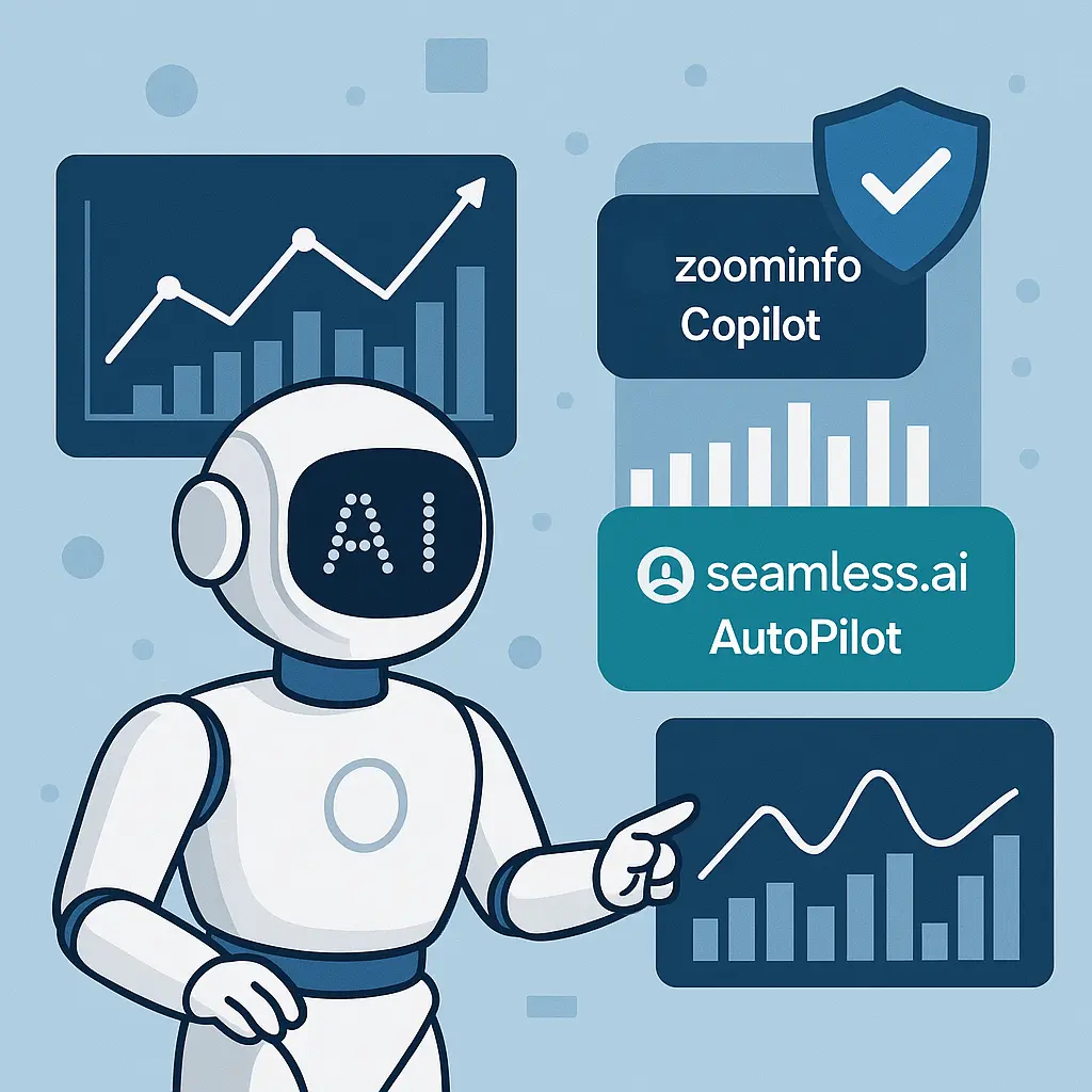 Illustration of an AI robot pointing at graphs and dashboards featuring ZoomInfo Copilot and Seamless.ai AutoPilot, symbolizing AI-powered sales intelligence.