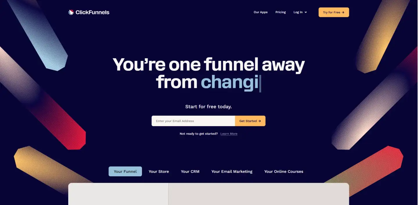 ClickFunnels homepage with headline, email signup box, and Get Started button.