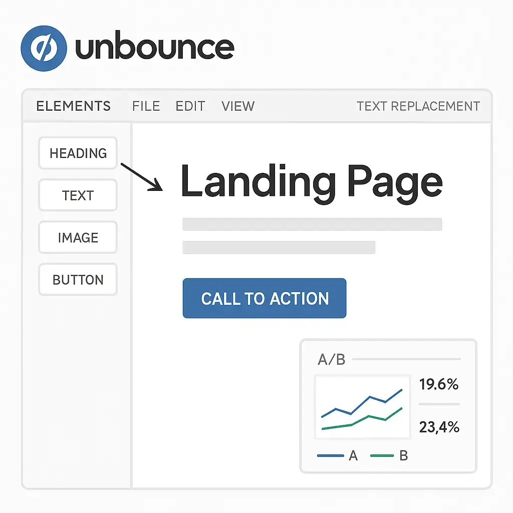 Unbounce drag-and-drop editor with sidebar elements, a landing page preview featuring a CTA button, and a small A/B testing chart.