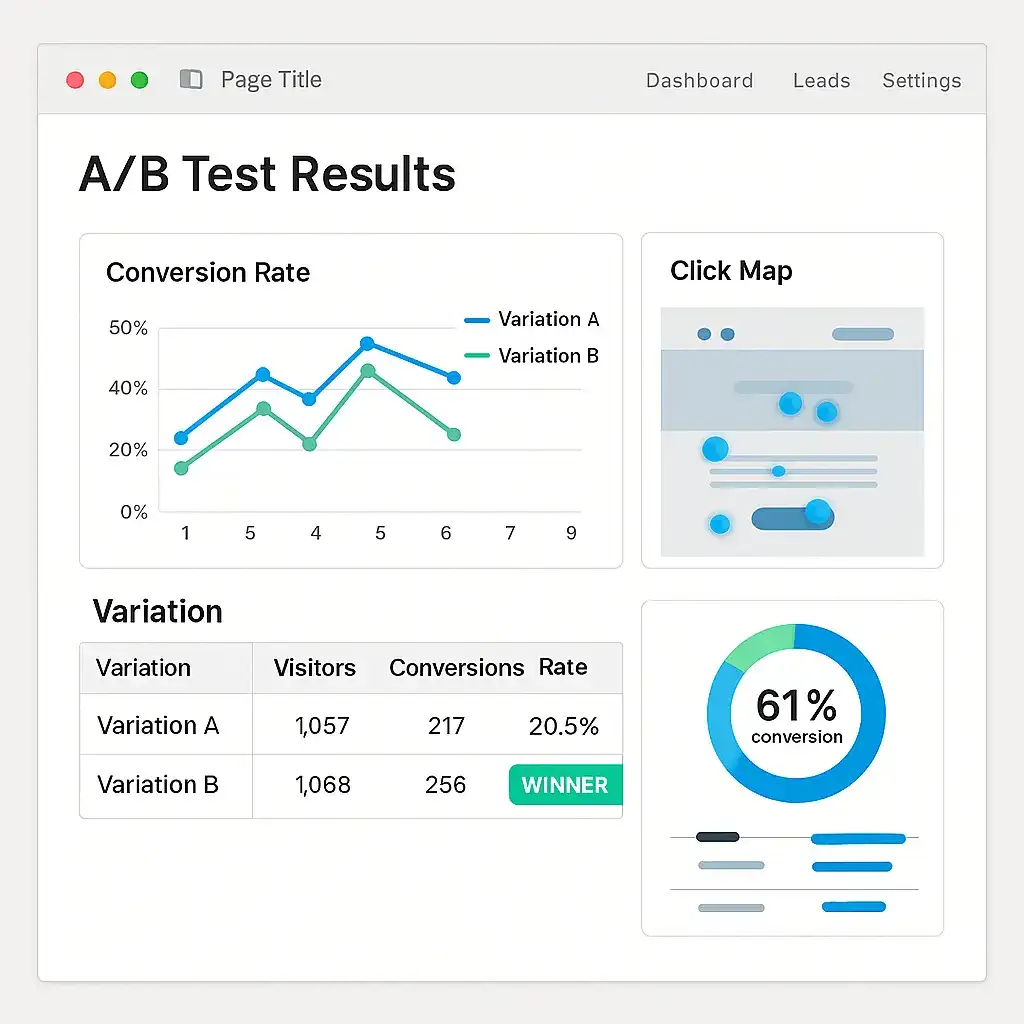 Dashboard displaying A/B test results: a conversion rate line chart, click map, variation performance table, and a 61% conversion donut chart.