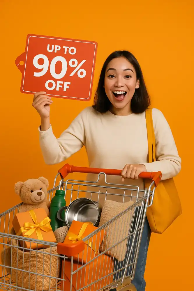 Happy Temu shopper using discount code for up to 90% savings in 2025.