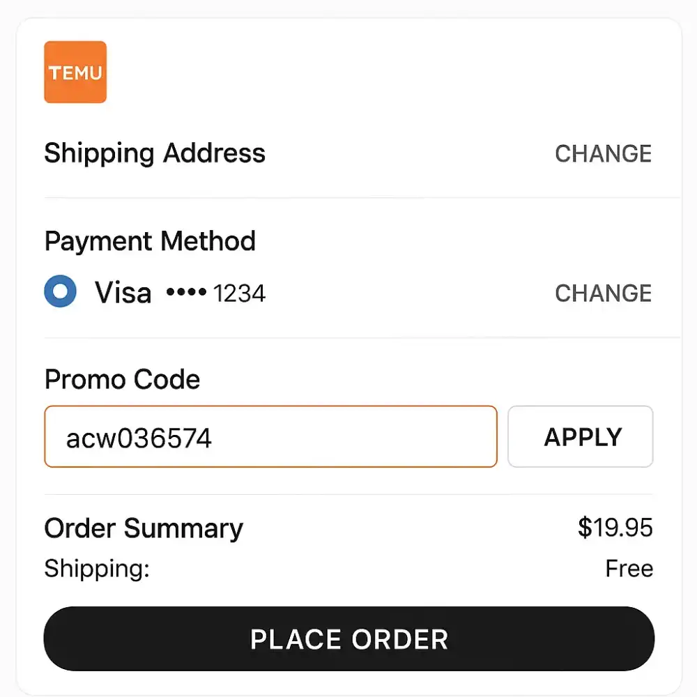 How to apply Temu coupon code acw036574 at checkout.